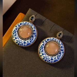 Porcelain-Inspired Enamel and Rose Quartz Drop Earrings
